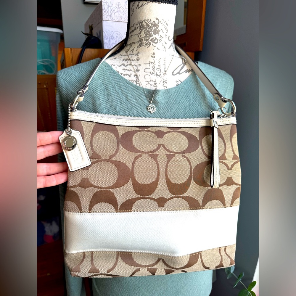 COACH F13674 Signature Stripe Ivory Canvas Leather Handbag